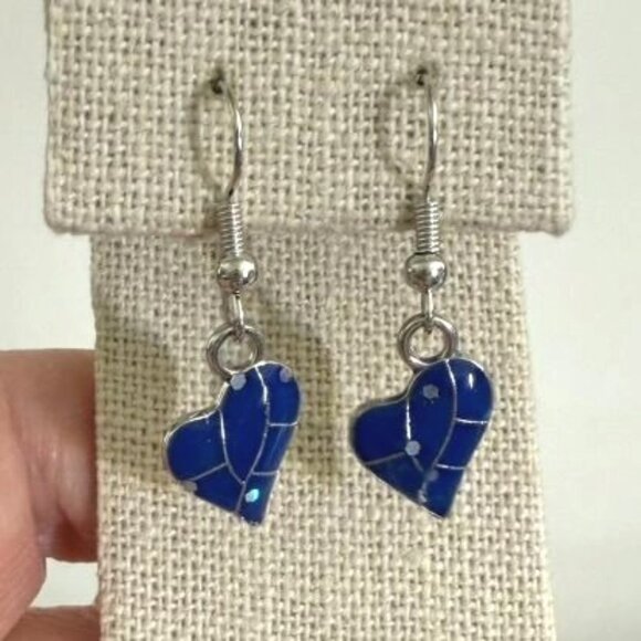 Opal Blue Heart Silver Plated Earrings Dangle Cottagecore Fairycore Jewelry - Picture 5 of 7